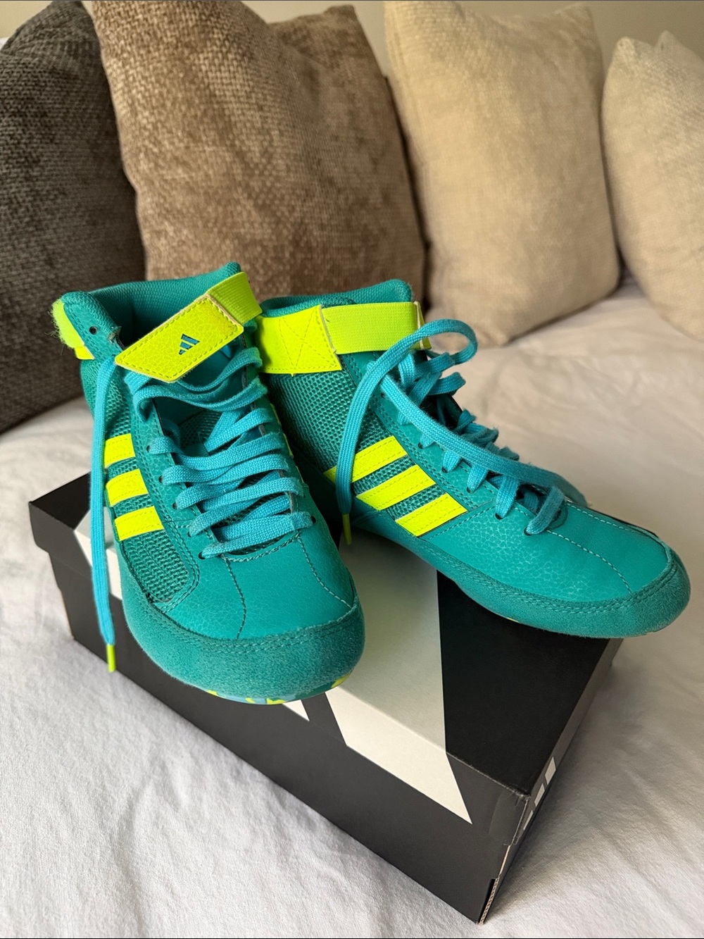 adidas Youth HVC Teal & Neon Yellow High-Top wrestling Sneakers